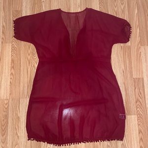 Burgundy Pom Pom Sheer Chiffon Cover Up! Size: Medium
